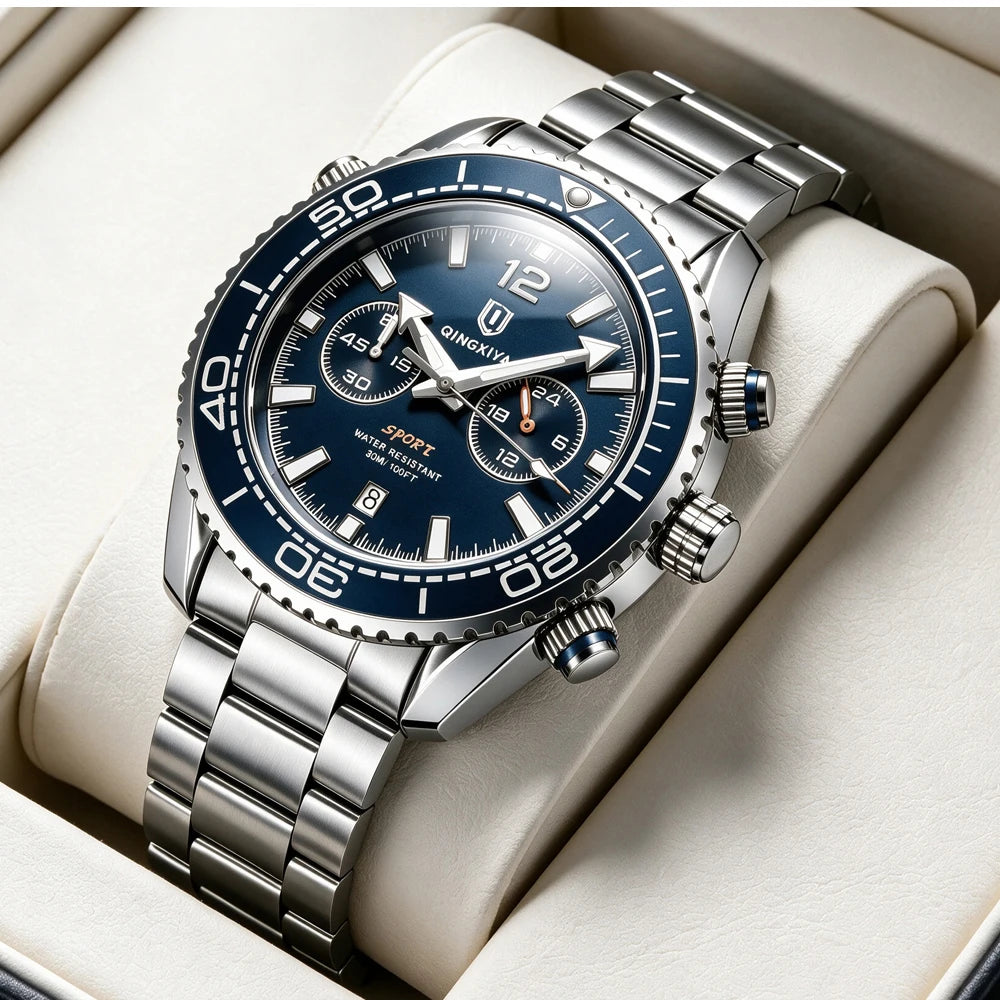 Luxus-Armbanduhr für Herren der Marke QINGXIYA, wasserdichter Sport-Chronograph mit beleuchtetem Datum, lässige Quarzuhr für Herren