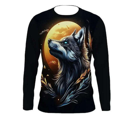 Wolf Moon Raccoon Pattern T-Shirt For Men Cool Animals 3D Printed T Shirts Autumn Casual Loose O-Neck Tops Tees Long Sleeves