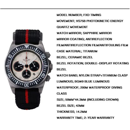 Tactical Frog FXD Titanium Quartz Watch VS75B Solar-powered Movement 20Bar Chronograph Sapphire Diving Watch BGW9 Luminous Watch