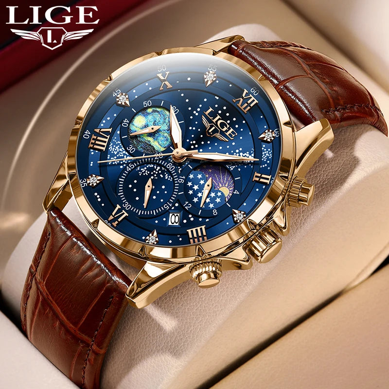 New LIGE Watches Mens Top Brand Luxury Casual Leather Quartz Men's Watch Business Clock Male Sports Waterproof Date Chronograph