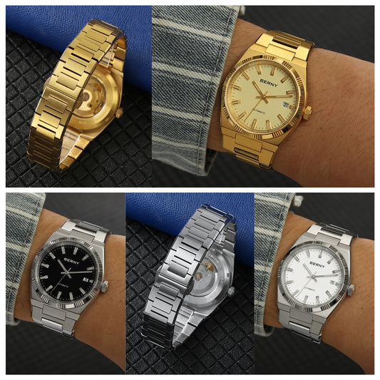 Reloj automático para hombre BERNY, dorado, cristal de zafiro, agujas luminiscentes, 100 % original, equipado con un movimiento PT5000, revestimiento antirreflectante, modelo de lujo con bisel intercambiable, resistente al agua hasta 5 ATM.