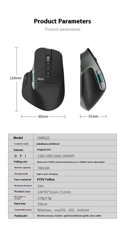 Acer Omr225 Gamer Mouse 3mode Bluetooth Wireless Mouse Dual Scroll Ergonomic Mouse Custom Programming Gaming Mice Office Mouses