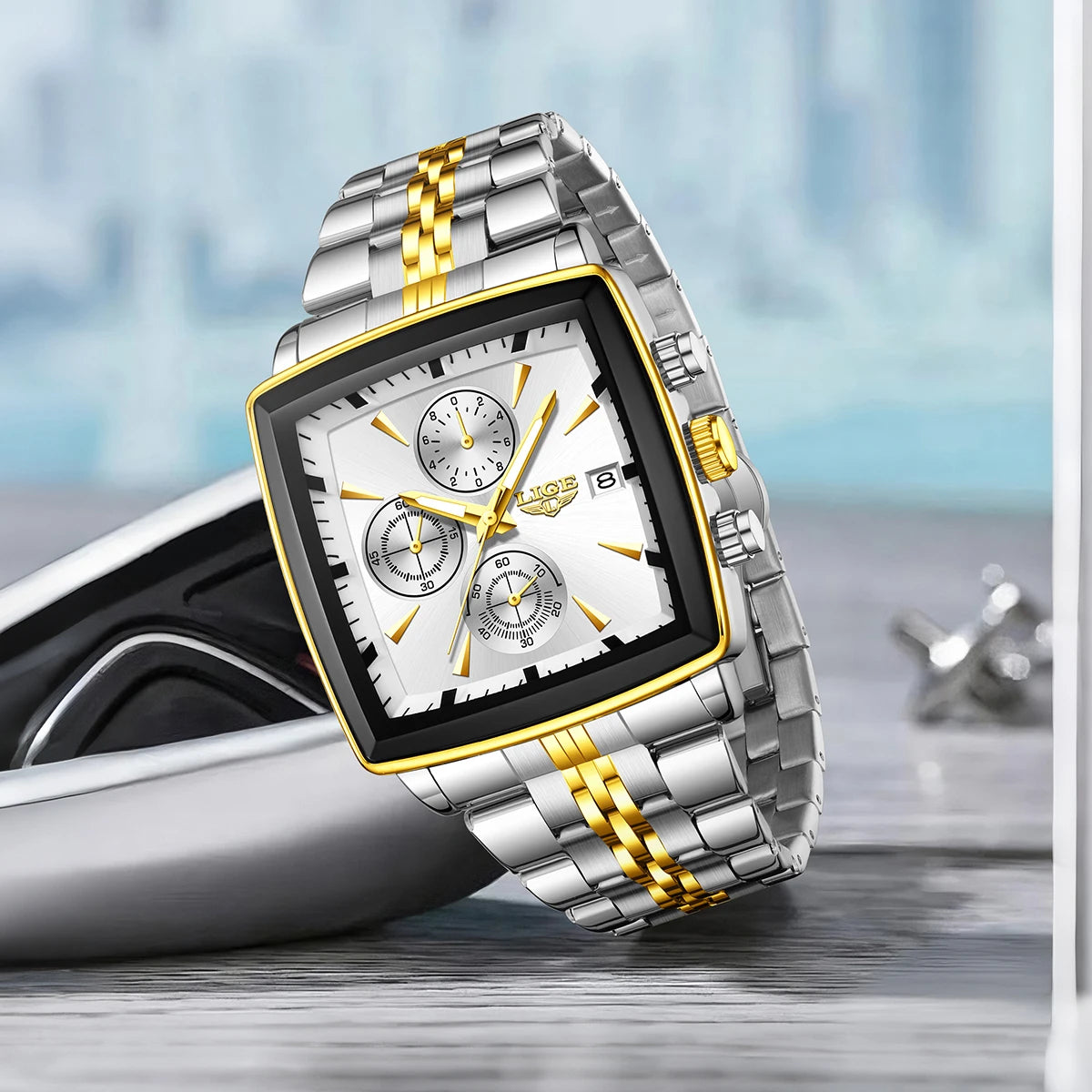 Relojes de lujo para hombre LIGE, modelo cuadrado, estilo clásico y moderno, de acero inoxidable, resistentes al agua, deportivos y desenfadados, con mecanismo de cuarzo.