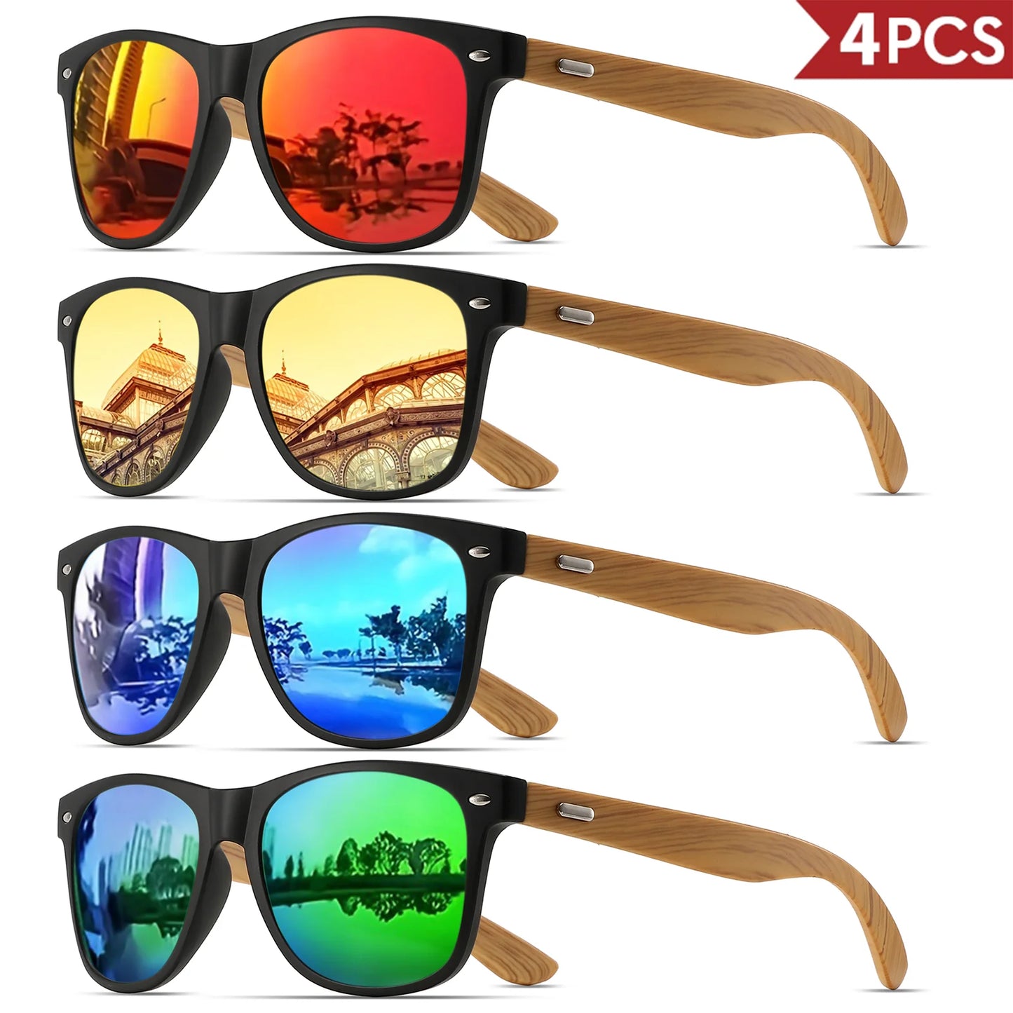 4PCS Bamboo Texture Square Sunglasses UV400, Fashion Unisex Classic - Lightweight for Casual Wear & Holidays
