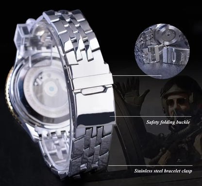 Montre mécanique automatique rétro de luxe JARAGAR 034, tourbillon, squelette creux, acier inoxydable, calendrier de la semaine, montre pour homme