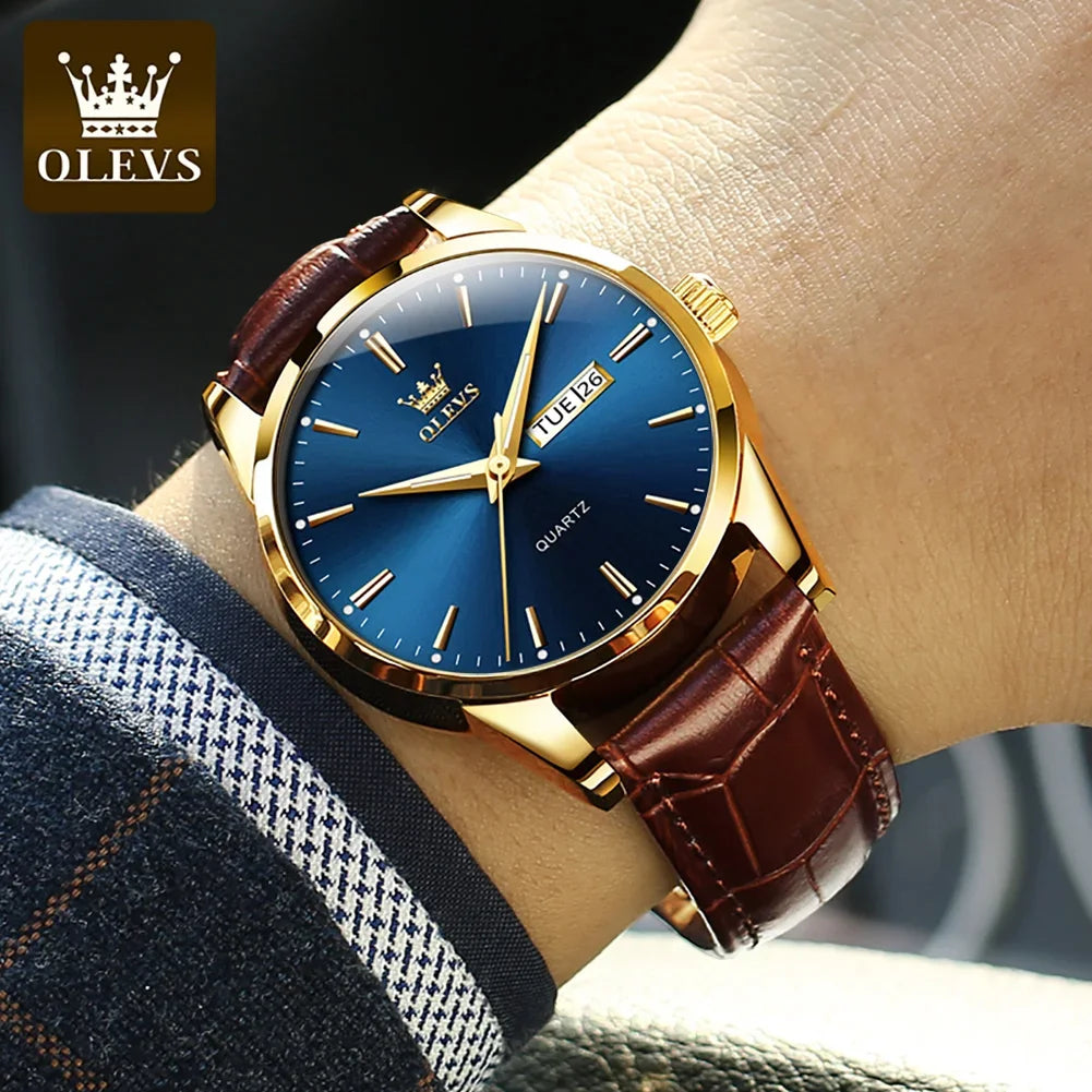 Montre à quartz OLEVS pour homme – Style luxe et élégant, bracelet en cuir, affichage de la date et du jour, étanche, idéale pour le travail