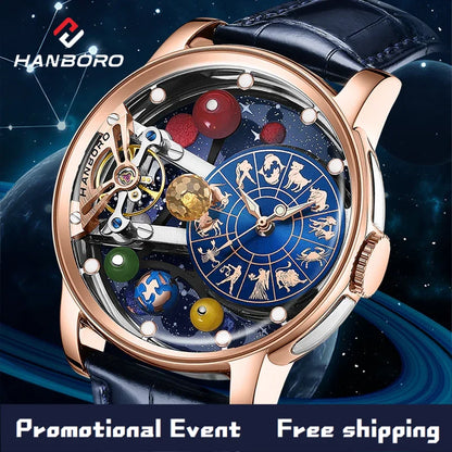 Montre mécanique automatique pour homme, modèle « Ciel étoilé » : design squelette, style constellation, boîtier en acier inoxydable, affichage en relief, fonction luminescente et étanchéité.