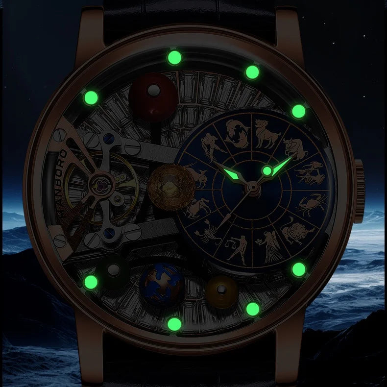 Montre mécanique automatique pour homme, modèle « Ciel étoilé » : design squelette, style constellation, boîtier en acier inoxydable, affichage en relief, fonction luminescente et étanchéité.