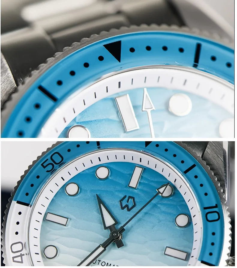 WISHDOIT Men's Automatic Dive Watch With Ocean Blue And White Ripple Dial 8215 Movement Sapphire Glass Mirror