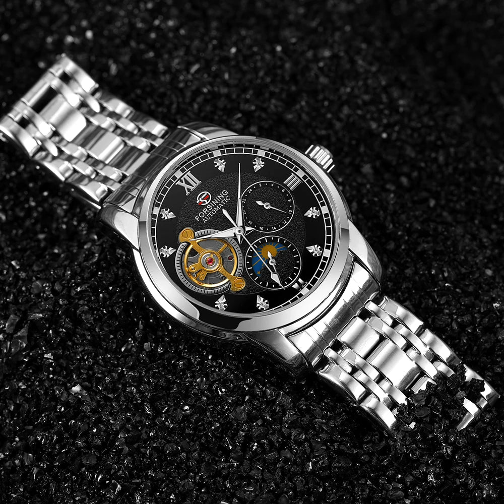 Montre mécanique automatique pour homme Forsining – Style luxe, business et mode, bracelet en métal, tourbillon, aiguilles luminescentes, ornée de diamants artificiels