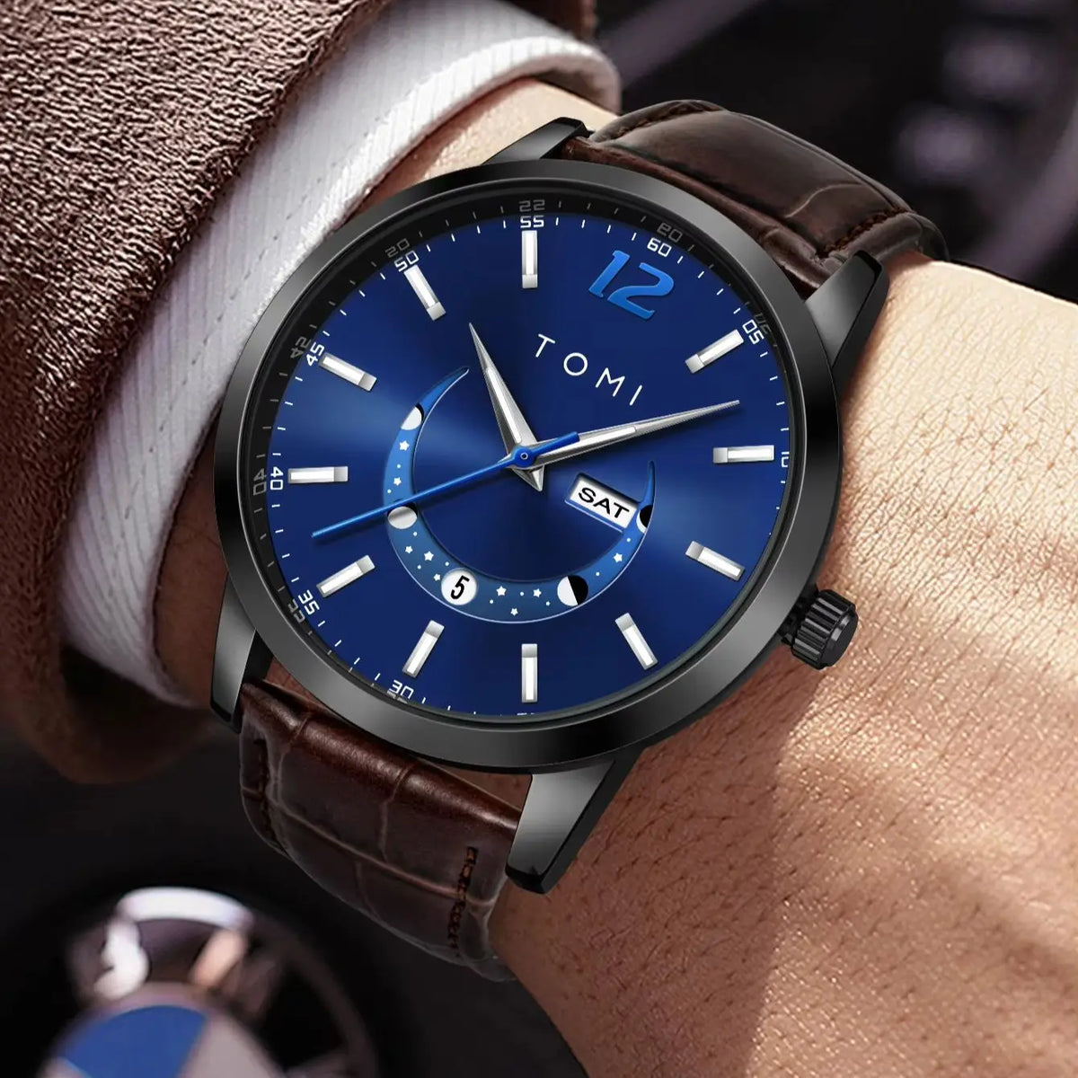 Reloj de cuarzo TOMI, de estilo elegante y profesional, con correa de piel, caja de aleación y esfera con agujas: diseño de alta gama, ideal como regalo para hombre.