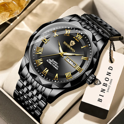 Montre-bracelet de luxe à quartz BINBOND Original Brand pour homme, lumineuse, étanche, date automatique, affichage du jour de la semaine, style décontracté.