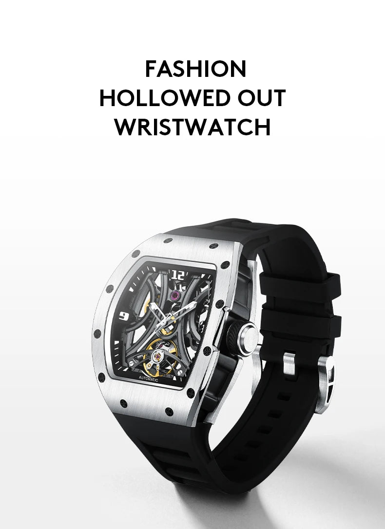 New Style automatic watch tonneau dial silicone strap waterproof sport mechanical wristwatch stainless steel 2026