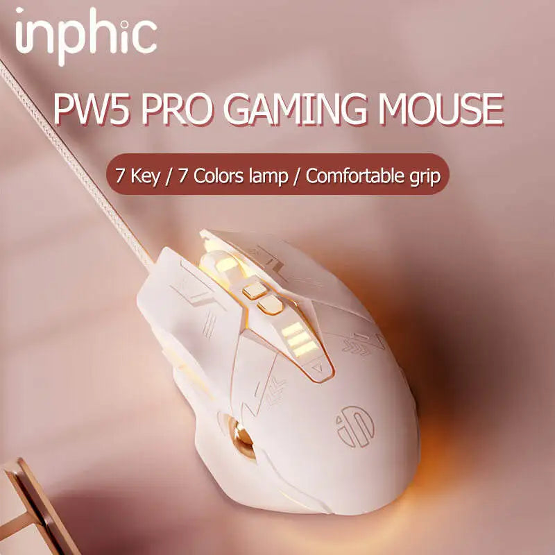Factory Sales Inphic W8 Wired Gaming Mouse 4000DPI 7 Buttons Macro definition RGB Breathable Lamp Silent Computer Pink Mouse