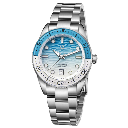 WISHDOIT Men's Automatic Dive Watch With Ocean Blue And White Ripple Dial 8215 Movement Sapphire Glass Mirror