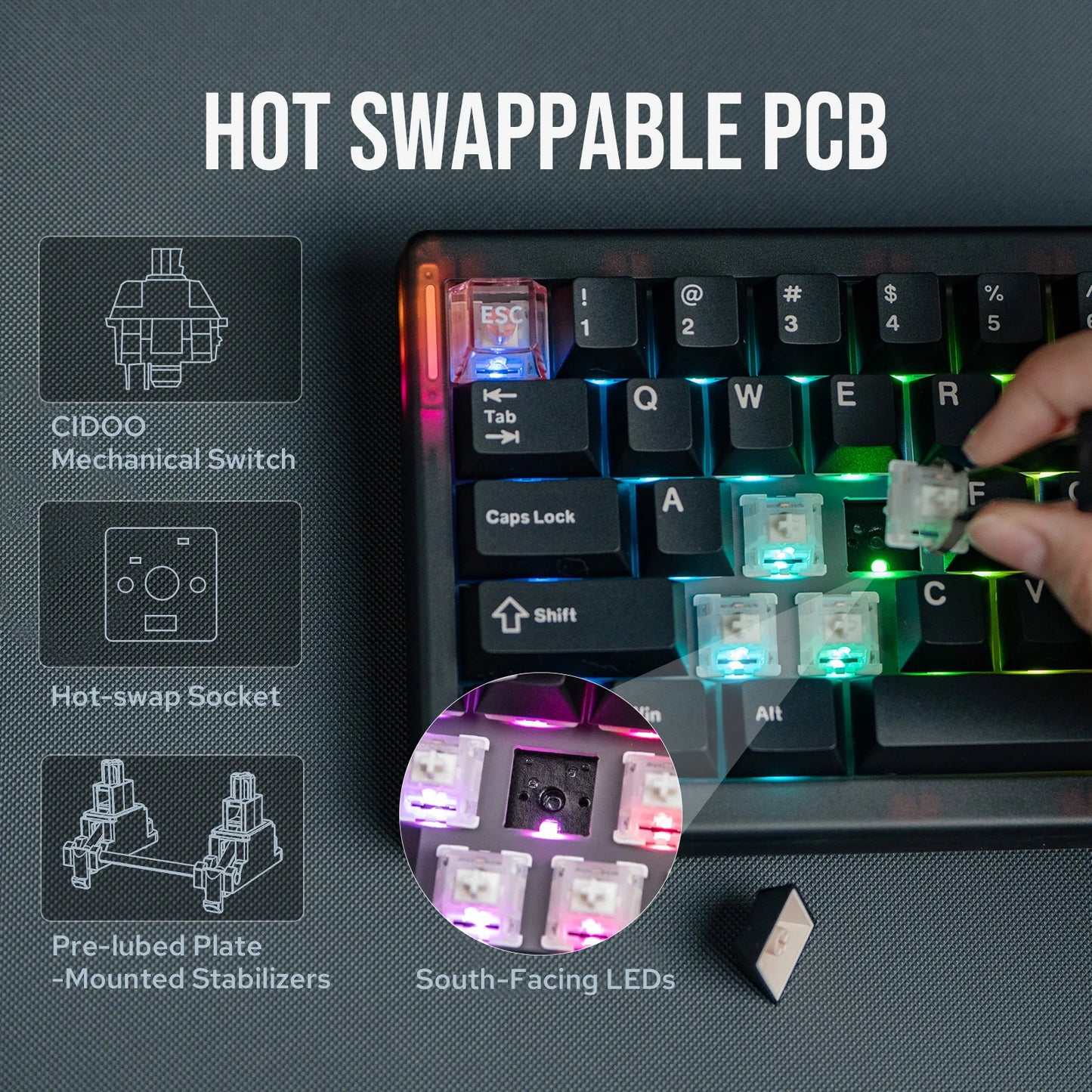 CIDOO QK61 V2 VIA-Programmable 60% Gasket Structure Wired/2.4GHz Wireless/Bluetooth Compact Keyboard with South-Facing LEDs