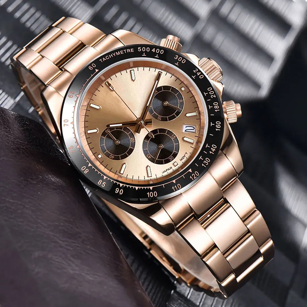 Luxury VK63 Men's Watch Quartz Movement Business Stop Watches 39mm Steel/Rose Gold Date Luminous Dial Fully Chronograph