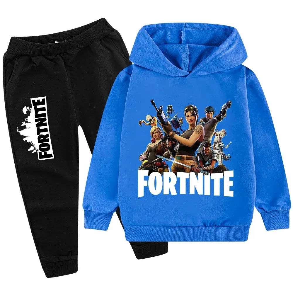 Fortnite-Game-Print-Kinderset, Hoodie im Cartoon-Stil, bequemer 2-teiliger Anzug mit lockerem Langarm-Oberteil und Hose, Herbst-/Winterkleidung