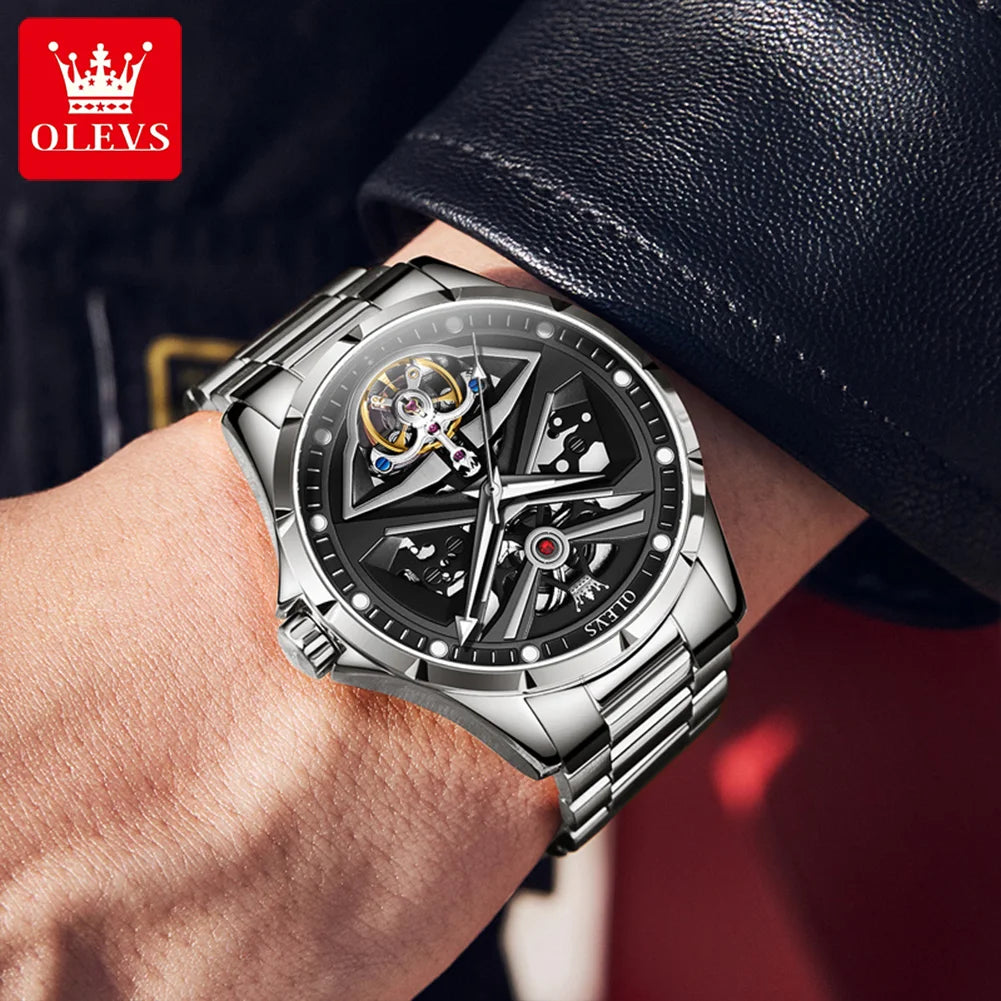 Reloj para hombre OLEVS 6655, modelo esqueleto totalmente automático; reloj de pulsera mecánico de lujo, luminiscente y resistente al agua.