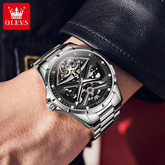 Montre pour homme OLEVS 6655, modèle squelette entièrement automatique ; montre-bracelet mécanique de luxe, lumineuse et étanche.