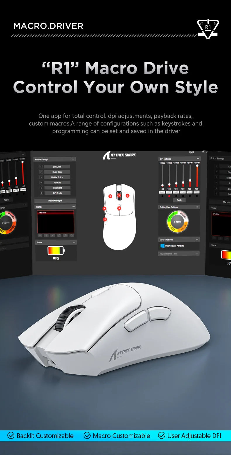 Attack Shark R1 lahka brezžična gaming miška Bluetooth 2.4G PAW3311 18000DPI ergonomska miška z makri