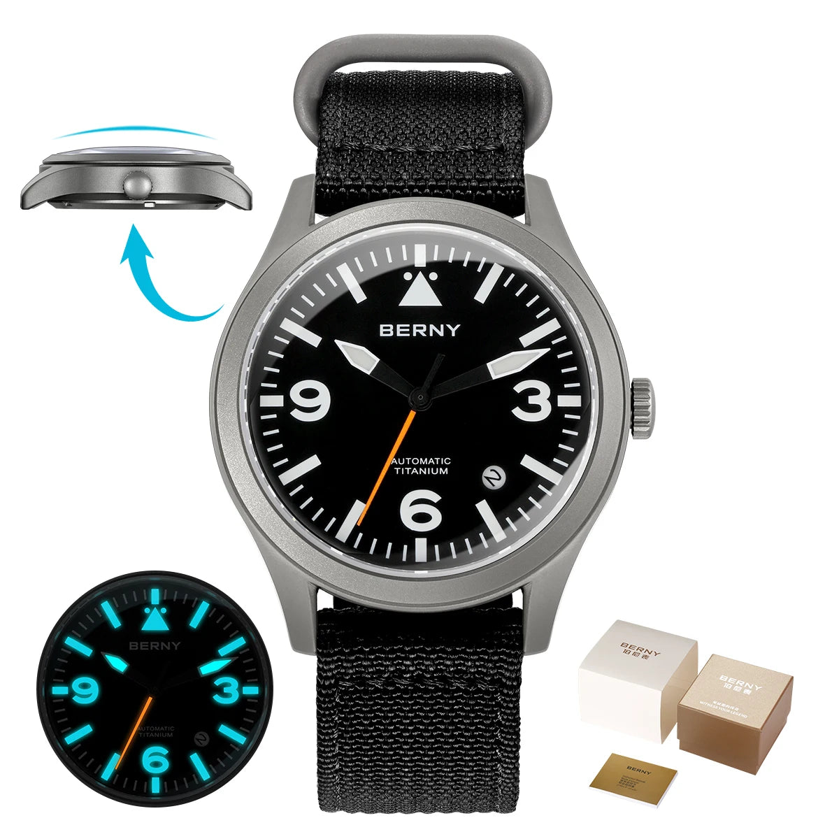 BERNY Aviation Top Titanium Mechanical Men Watch Sapphire AR Coating Supper Luminous 10Bar Sport Watch Titanium Aviation Watches