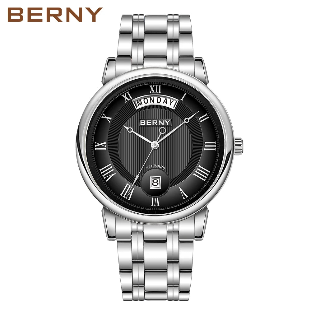 Montre à quartz pour homme BERNY, équipée d'un mouvement Miyota VJ55, modèle de luxe de haute qualité avec affichage du jour, boîtier en acier inoxydable, verre saphir et étanchéité.