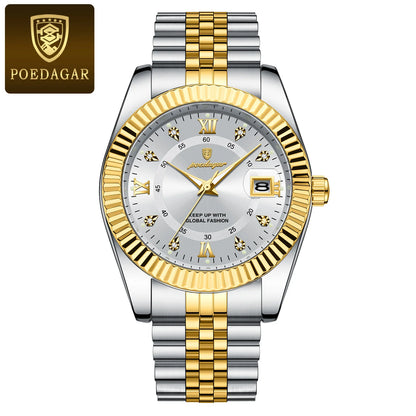 Montre pour homme POEDAGAR – Modèle de luxe, étanche, en acier inoxydable, avec affichage luminescent, style militaire, fonction date, mouvement à quartz, idéale pour le travail ou les occasions professionnelles.
