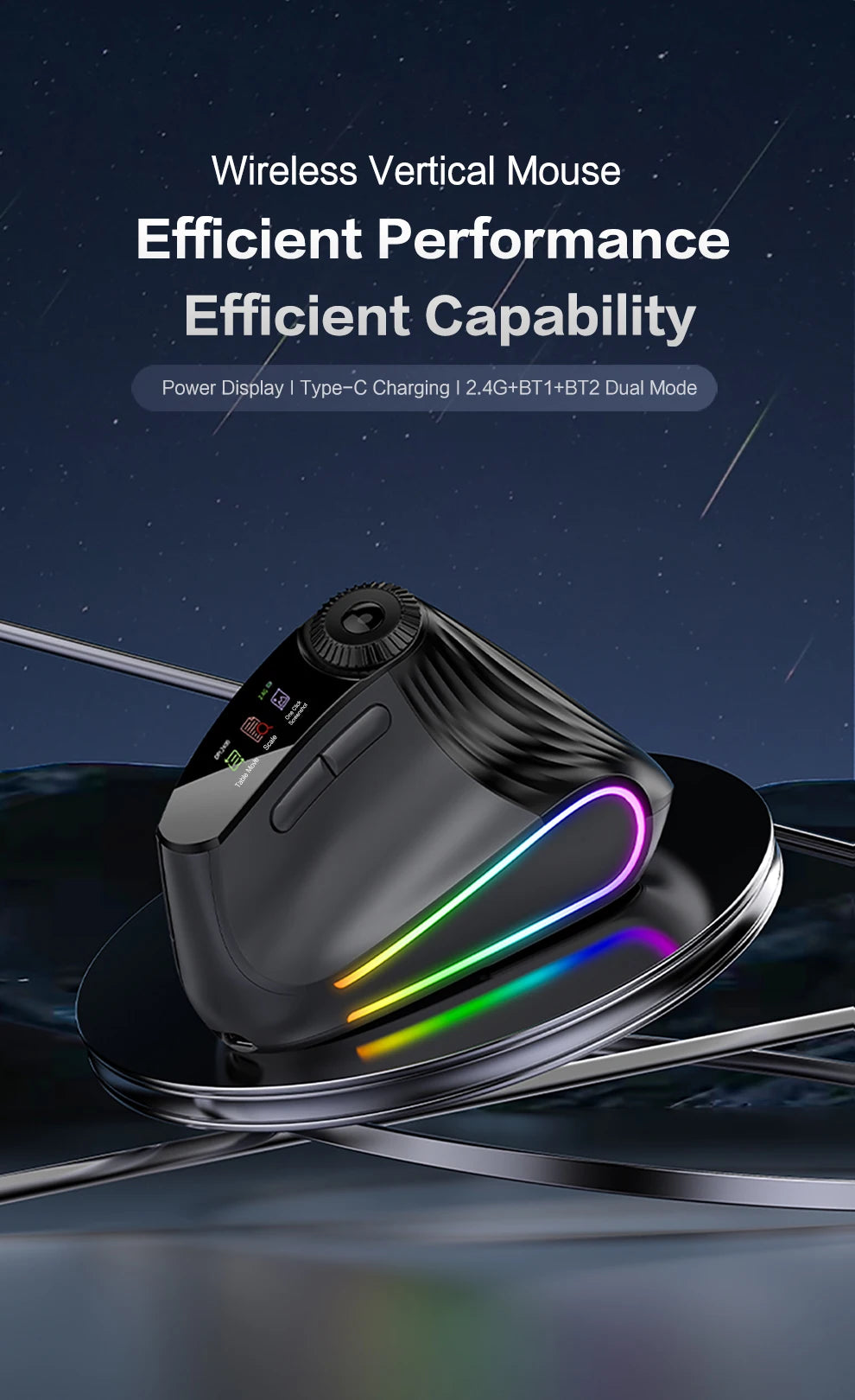 Backlit Wireless Ergonomic Mouse with Smart Flying Scroll,Function Adjustment Knob,Bluetooth&2.4G Rechargeable Gaming Mouse