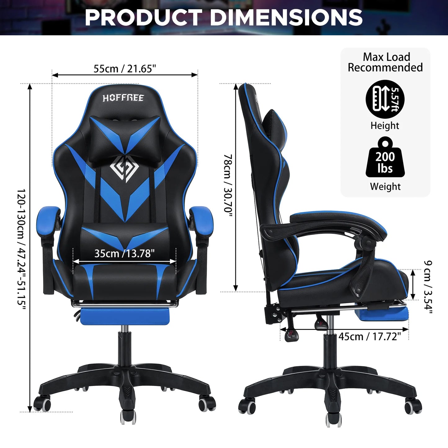 400Lbs Load Gaming Chair with Massage Ergonomic Computer Chair Footrest and Lumbar Support Reclining PC Chair Adjust Armrest