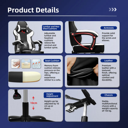 AUTHMIC Gaming Chair Ergonomic Reclining Office Chair with Adjustable Lumbar Support & Headrest  High-Back PC Gamer Adults Teen
