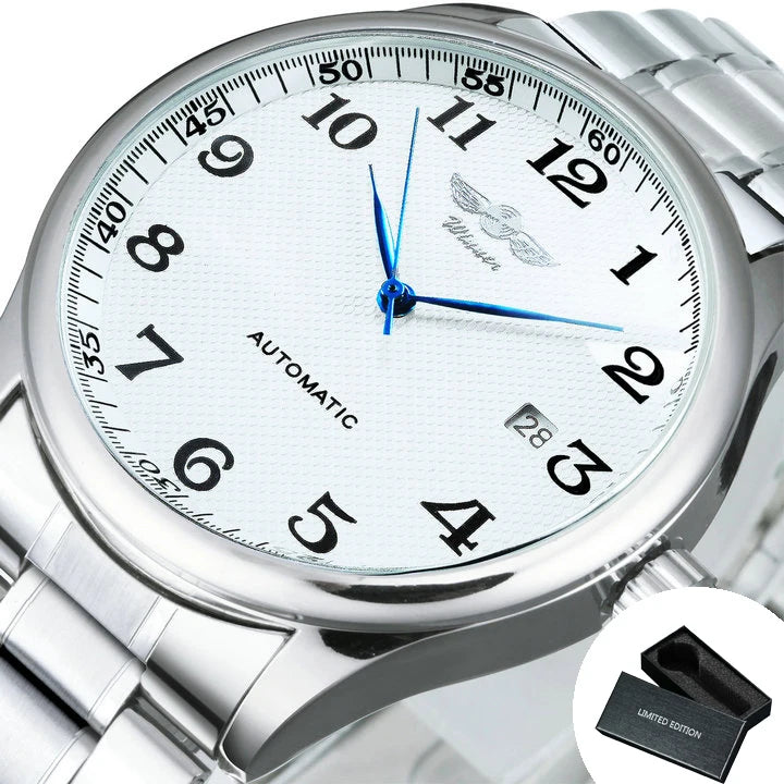 Reloj clásico para hombre: estilo retro con calendario y agujas azules, movimiento mecánico automático, marca de prestigio, caja de acero y correa de piel