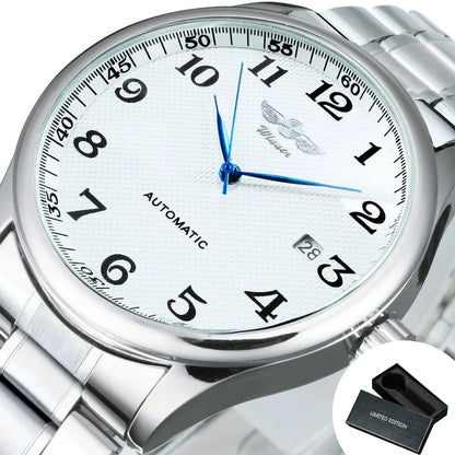 Reloj clásico para hombre: estilo retro con calendario y agujas azules, movimiento mecánico automático, marca de prestigio, caja de acero y correa de piel