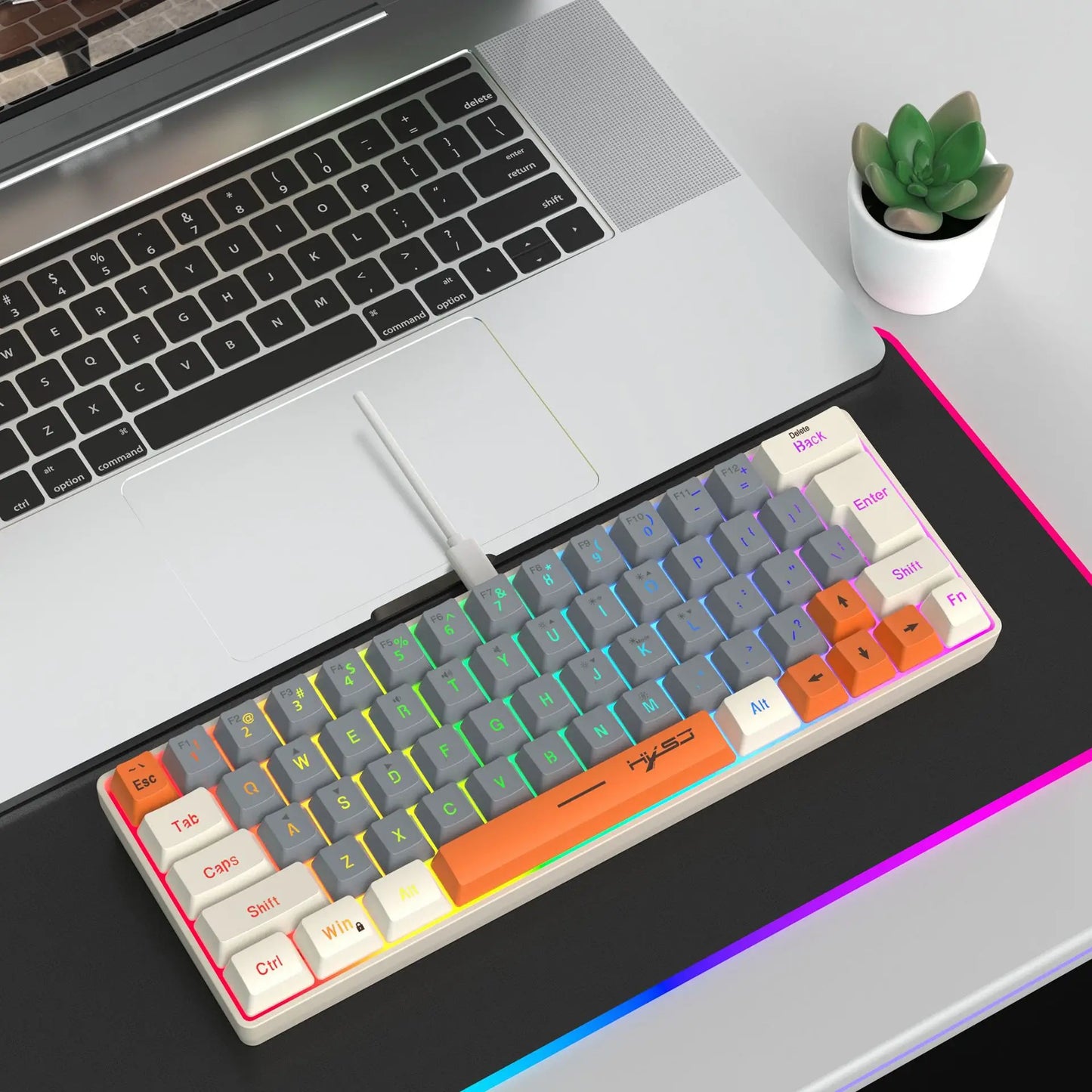 Keyboard RGB USB wired 63 keys gaming gamer compact  mini pc keyboards for trips,office,games business key board (Grey&Orange)
