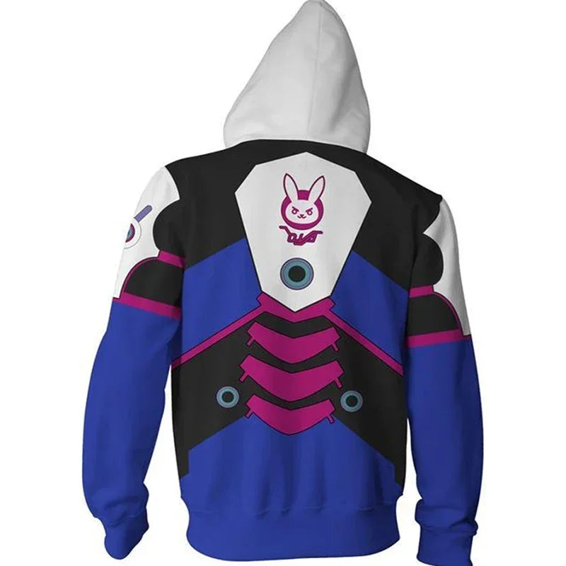 Anime stiliaus žaidimo džemperis su gobtuvu, 3D spauda, „Overwatches“ DVA DJ cosplay kostiumas, moterims, vyrams ir poroms, viršutinė striukė su gobtuvu