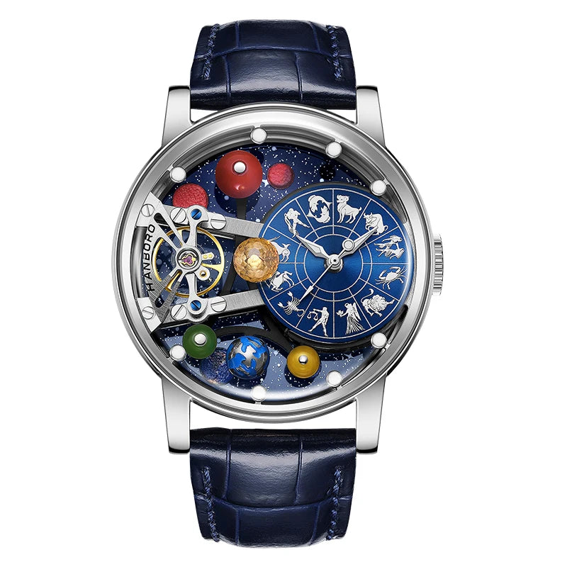 Montre mécanique automatique pour homme, modèle « Ciel étoilé » : design squelette, style constellation, boîtier en acier inoxydable, affichage en relief, fonction luminescente et étanchéité.