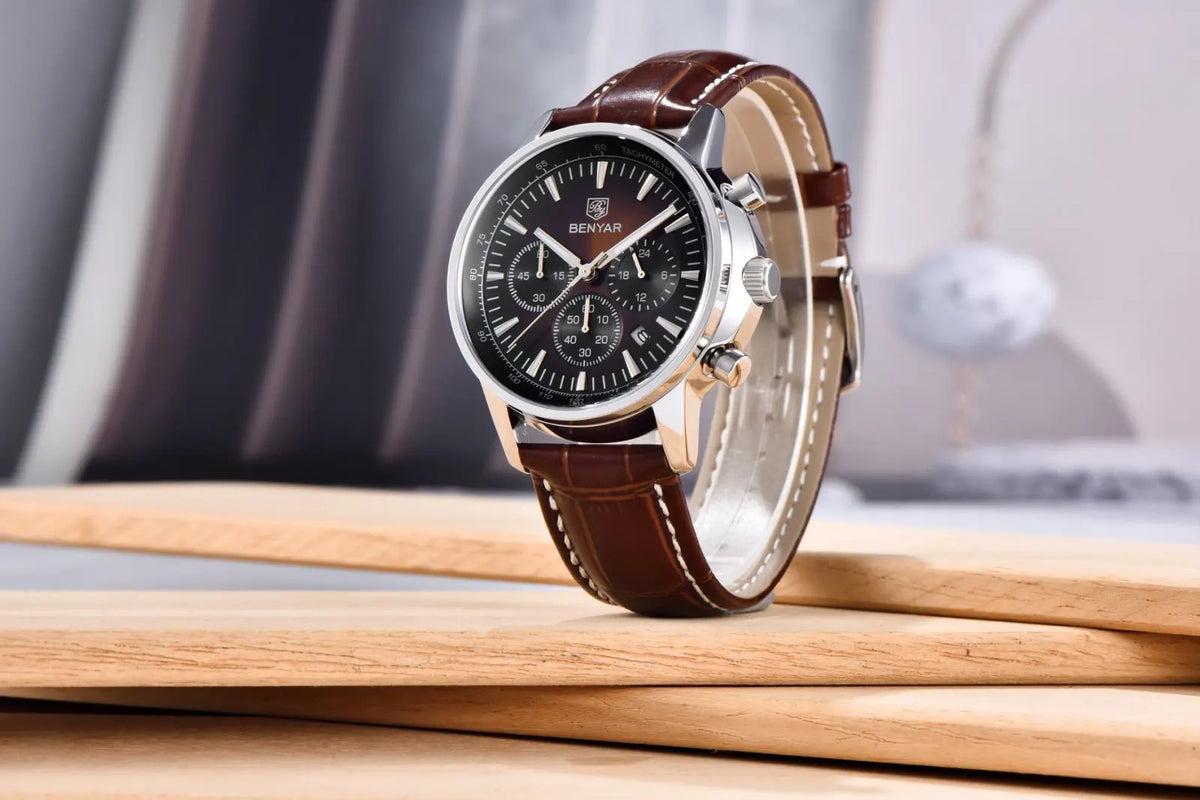 Reloj de lujo para hombre Benyar: cronógrafo con fecha, correa de piel, resistente al agua, luminiscente, estilo deportivo y militar, reloj de cuarzo