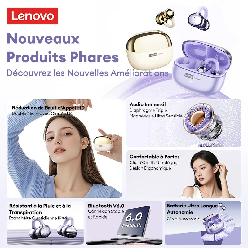 Auriculares Lenovo LE302 inalámbricos Bluetooth 6.0, batería de larga duración, clip deportivo para la oreja, estéreo HIFI con cancelación de ruido