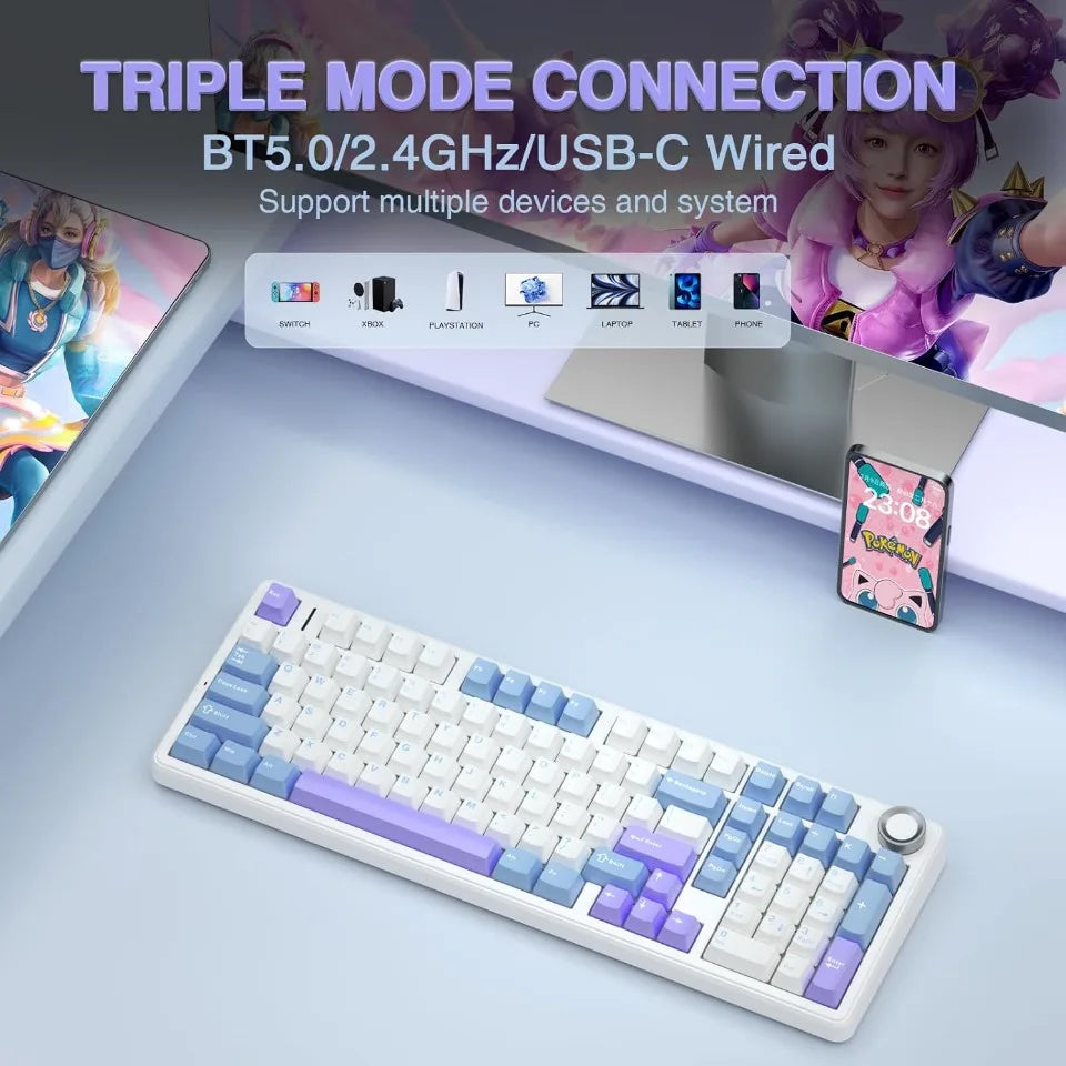 AULA F99 PRO Wireless Gaming Mechanical Keyboard 99 Keys Hot Swappable Gasket Structure 96% 8000mAh Battery Keyboard with Knob