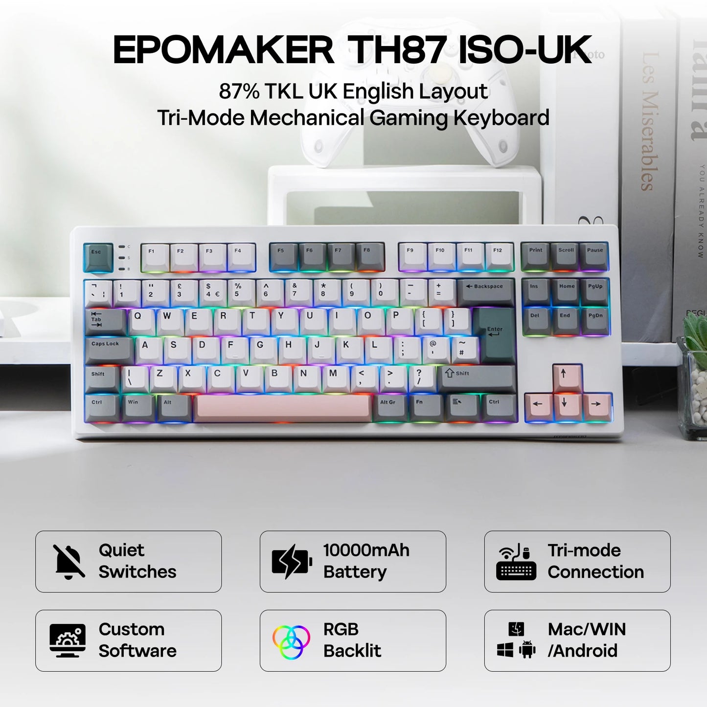 ISO-UK Layout EPOMAKER TH87 TKL Layout Wired/BT/2.4Ghz Wireless NKRO Mechanical Keyboard with 10000mAh Battery & RGB Light