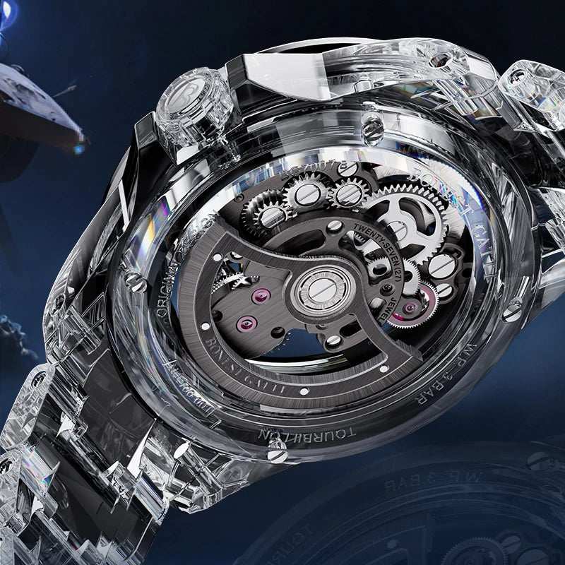 BONEST GATTI luxury Full Skeleton Automatic Mechanical Watch Sapphire Back 48 Rainbow Diamonds Luminous Luxury Wristwatch Men