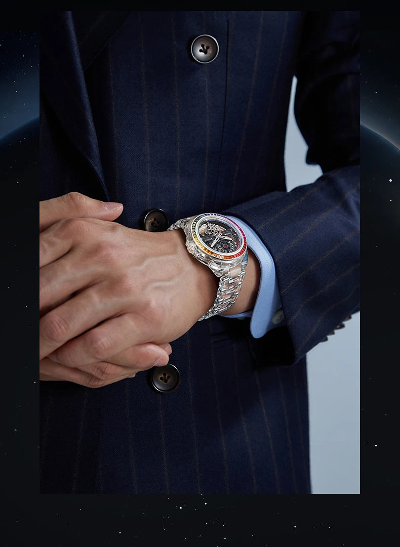 BONEST GATTI luxury Full Skeleton Automatic Mechanical Watch Sapphire Back 48 Rainbow Diamonds Luminous Luxury Wristwatch Men