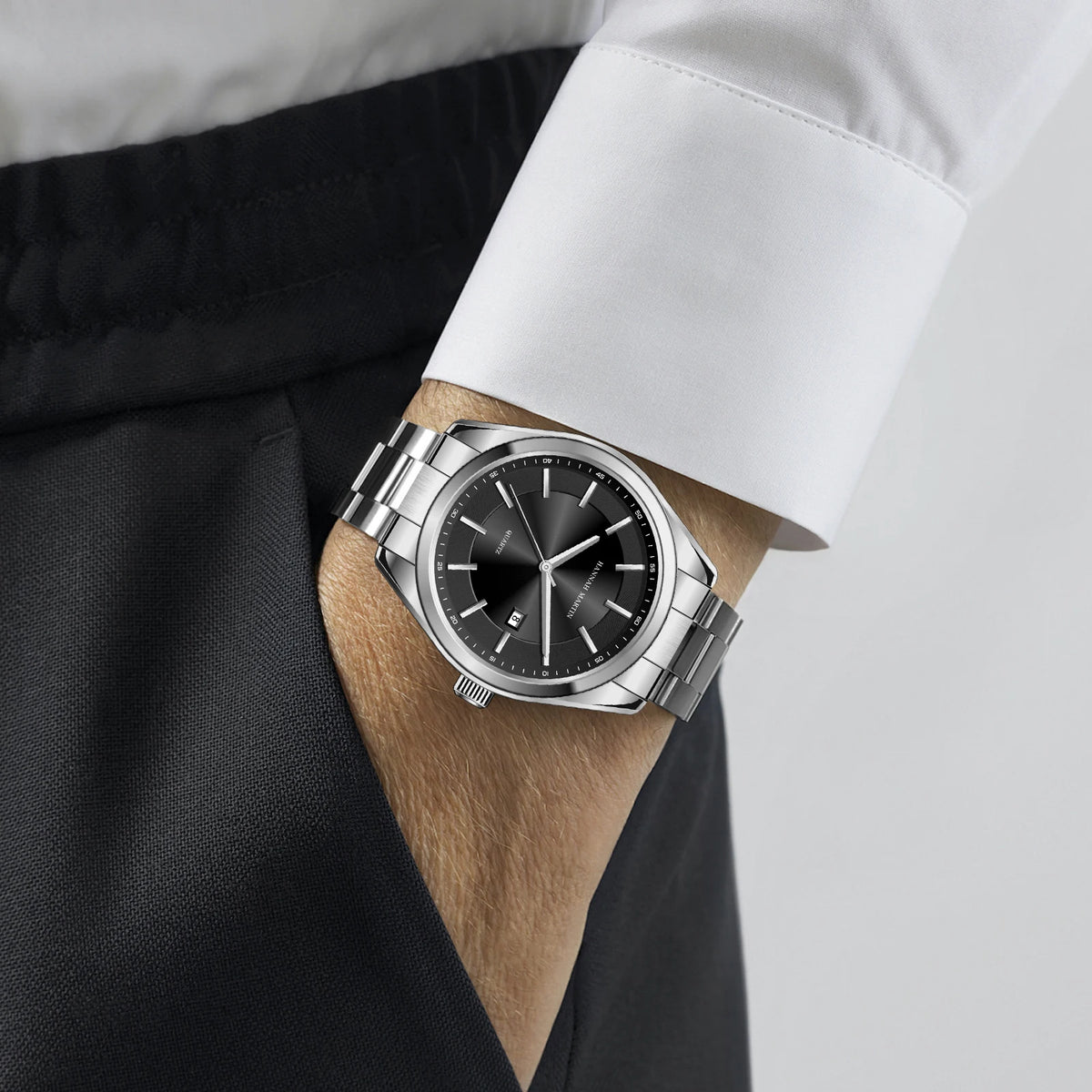 Kvartzové hodinky HANNAH MARTIN, 40 mm, pánske, náramok z čiernej nehrdzavejúcej ocele, vodotesné do 3 barov, štýl sport-chic