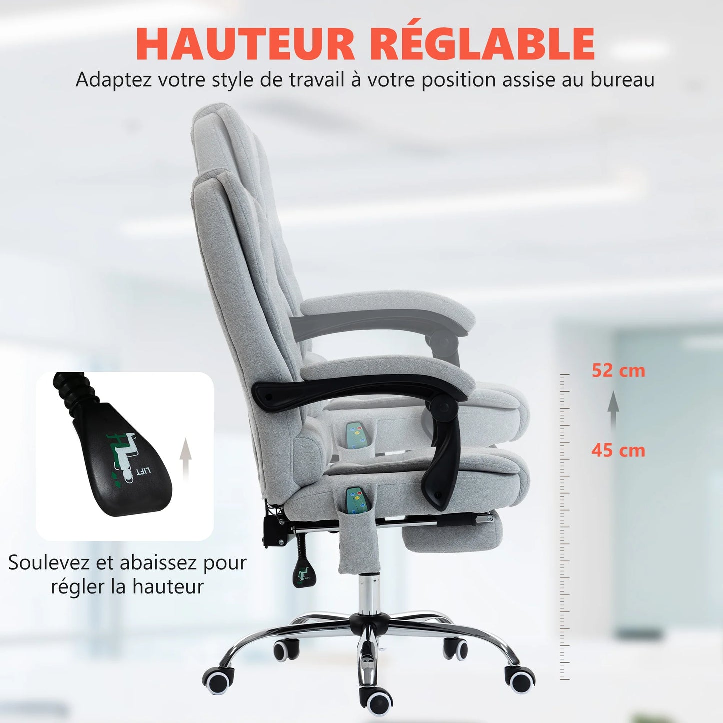 Massage and heated office chair, office chair, adjustable height, reclining back, 65x70x111-119cm, gray