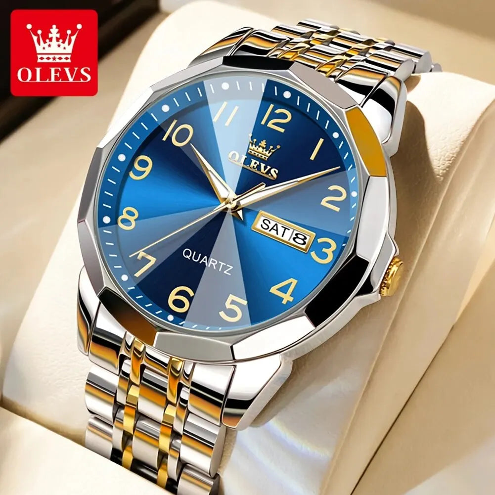 Reloj para hombre OLEVS 9970 – Modelo elegante con esfera digital, indicador de fecha y día, resistente al agua, luminiscente, de cuarzo – Reloj de lujo original