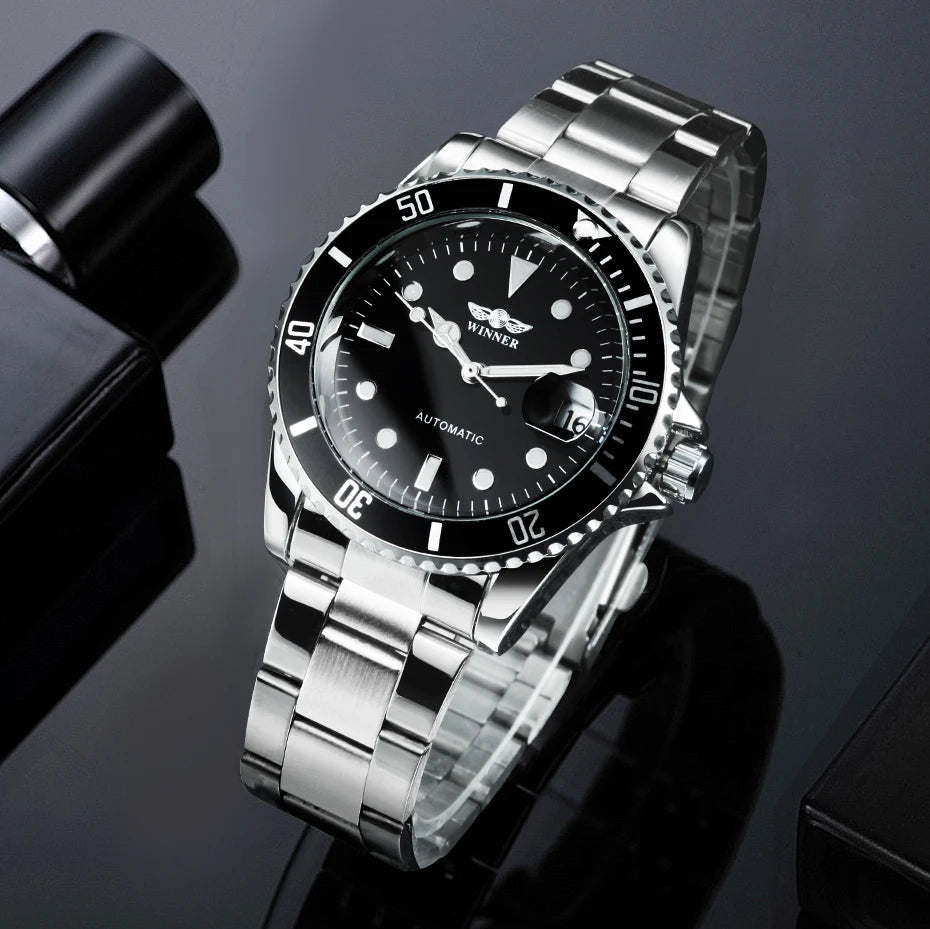 Reloj mecánico clásico para hombre: marca de lujo, estilo profesional, movimiento automático, bisel giratorio, esfera luminiscente, correa de acero
