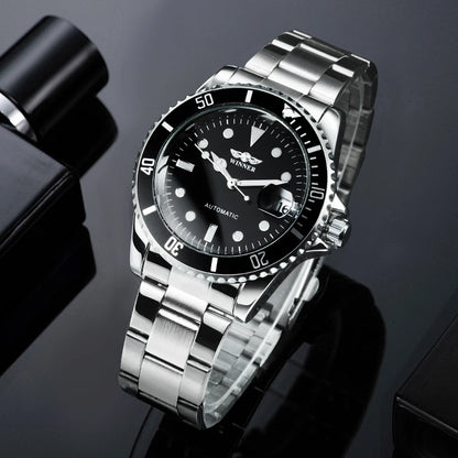 Reloj mecánico clásico para hombre: marca de lujo, estilo profesional, movimiento automático, bisel giratorio, esfera luminiscente, correa de acero