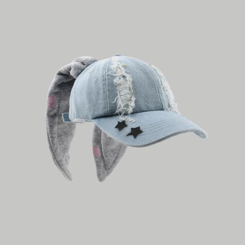 Celebrity-Inspired Niche Rabbit Ear Denim Ripped Baseball Cap Washed Graffiti Hip-Hop Sun Hat Trendy Cap