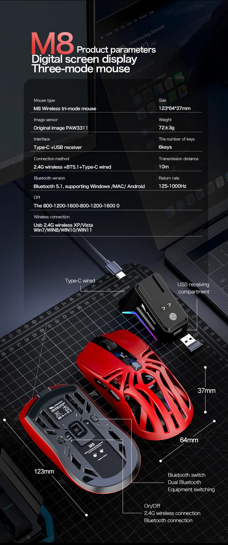 SMAILWOLF M8 Bluetooth wireless mouse, three-mode RGB charging base e-sports gaming mouse, PAW3311 lightweight gaming office