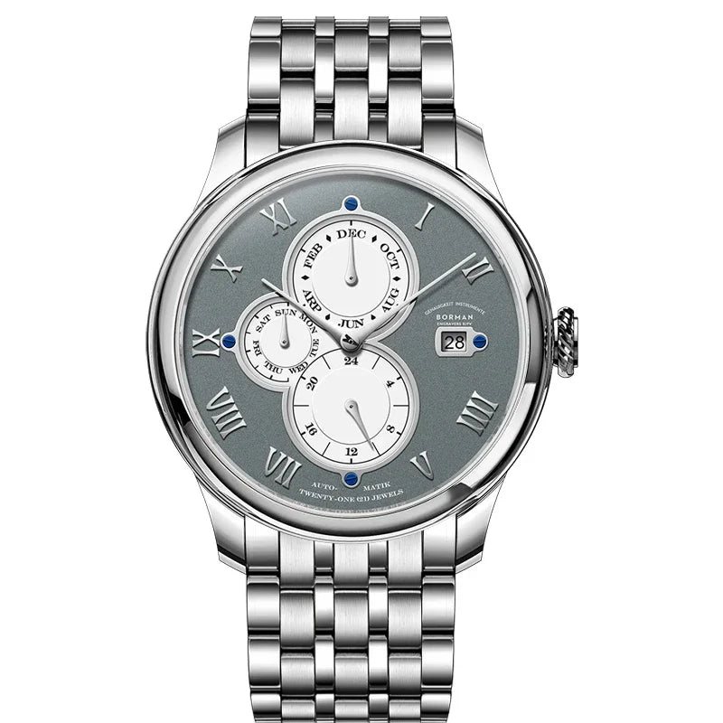 Luxury Brand BORMAN Automatic Mechanical Men's Watches Sapphire 50M Waterproof Multi-function Dial Retro Leather Clocks BM18011